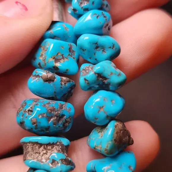 Vintage Morenci Turquoise Necklace Navajo Sterling Silver Beaded Pyrite Matrix - Picture 6 of 12